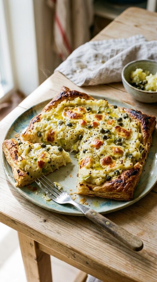Open puff pastry tart topped with mashed potato, leeks, capers and cheese