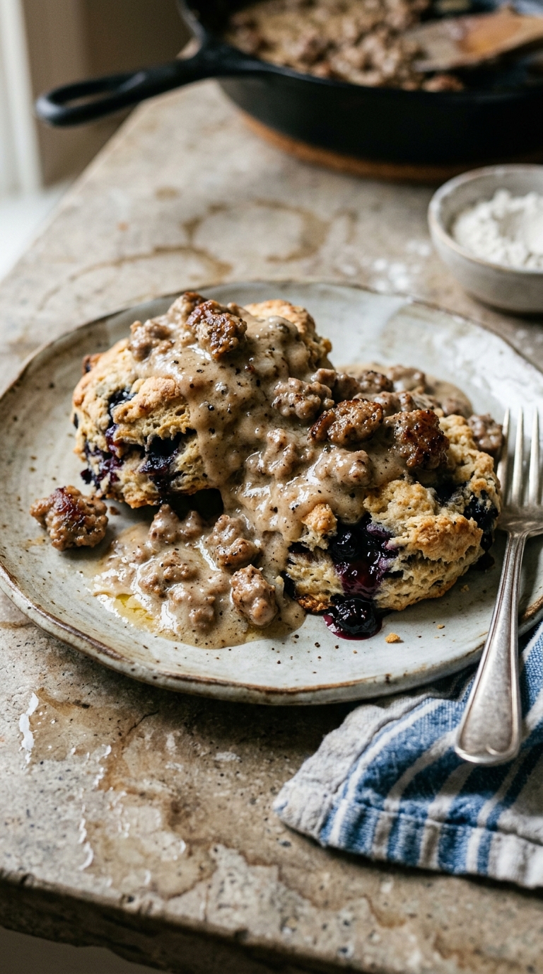 Sweet and Savory Blueberry Preserve Biscuits with Sausage Gravy
